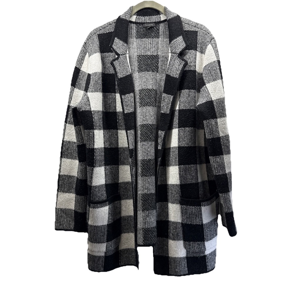 Talbots Tunic‎ Cardigan Jacket Size Medium Black White Buffalo Plaid Thick Knit